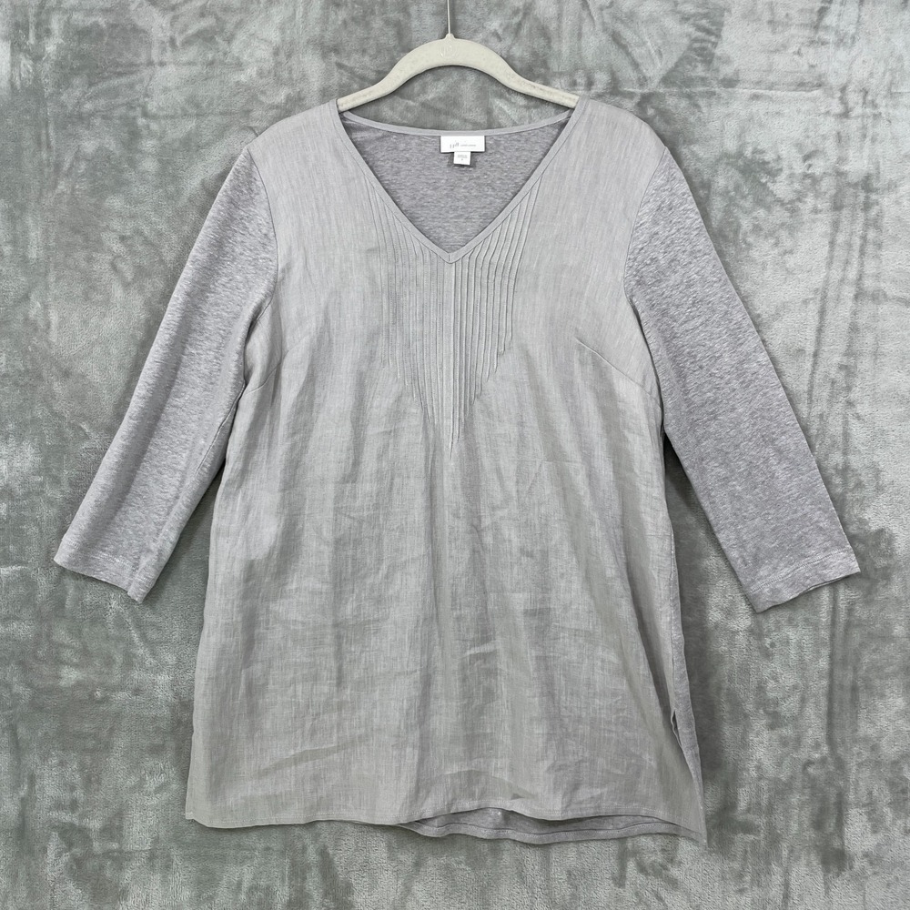 J.Jill Top‎ Womens S Gray Love Linen V-Neck 3/4 Sleeve Mixed Media Pintuck Tunic